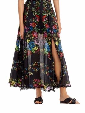Charo Ruiz Black Maxi Skirt with Multicolor Floral Print and Side Slit